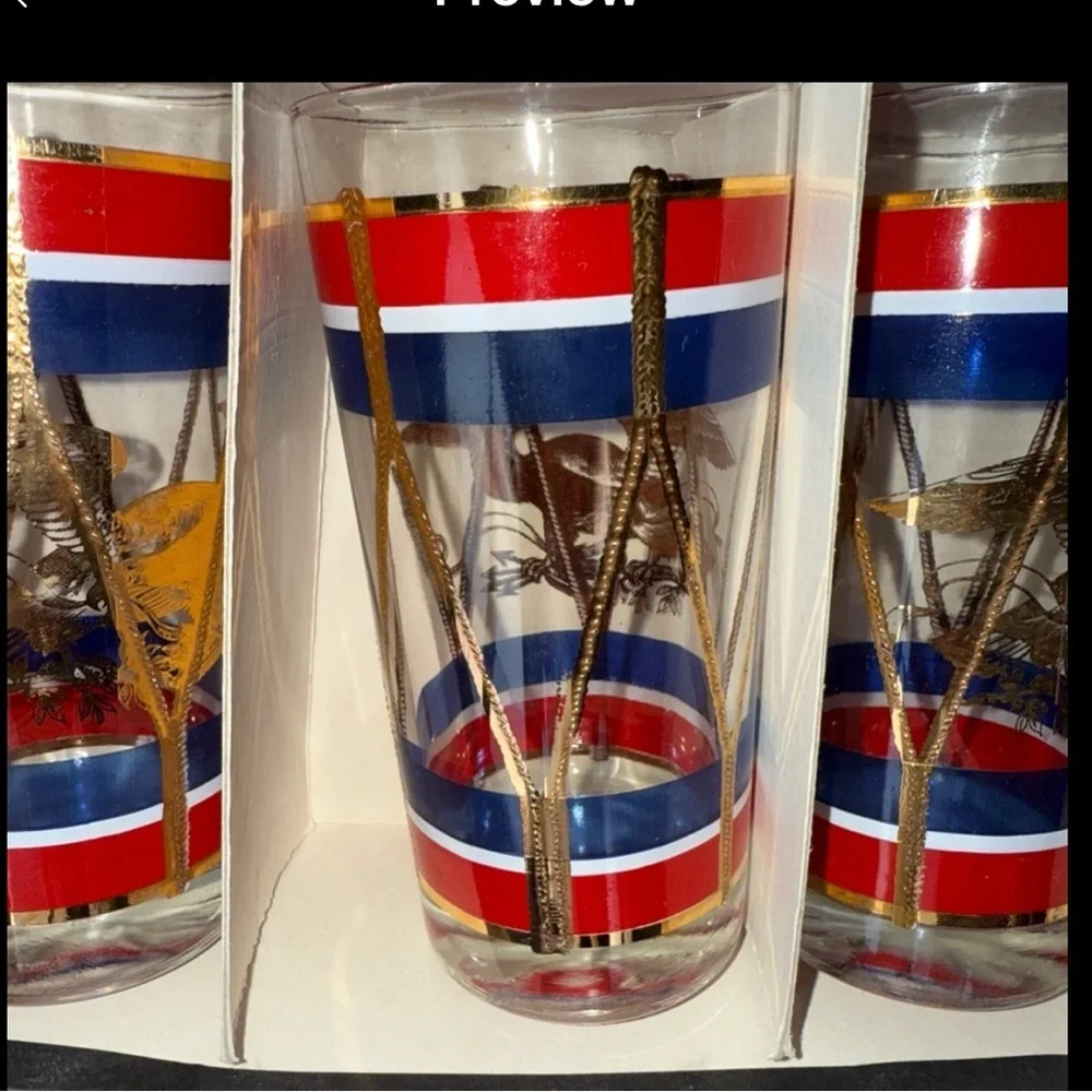 Set/8 Antique House Art Hi Ball Set Red White Blue & Gold Eagle Drum Design